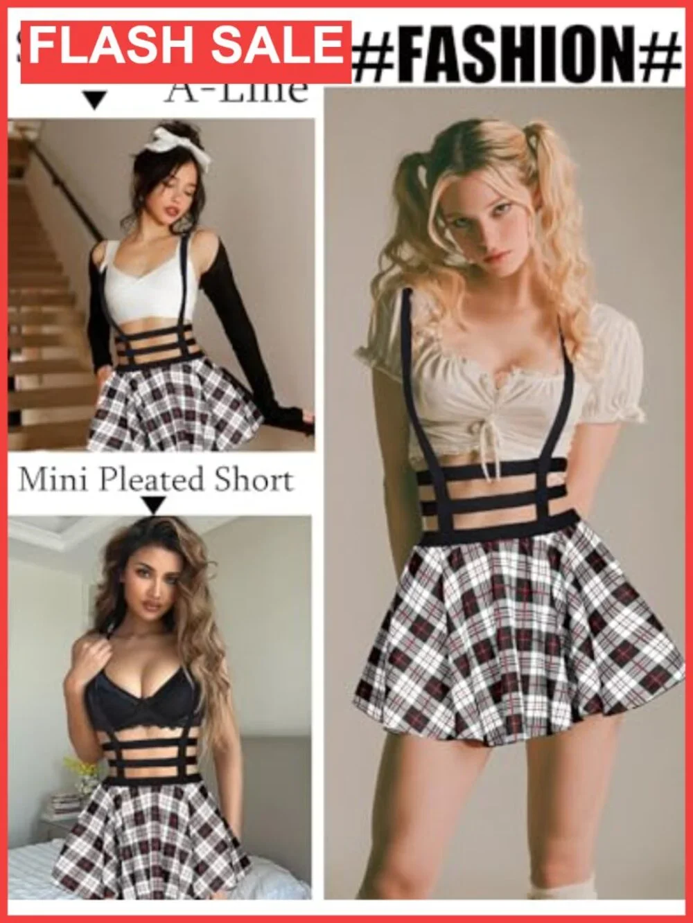 Avidlove Pleated Suspender A-Line Mini Skirt High Waist Elastic